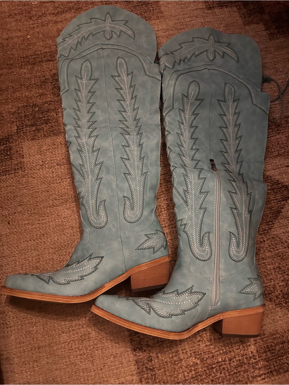 Women's Western Knee-High Stitch-Detail Boots in turquoise color Blue